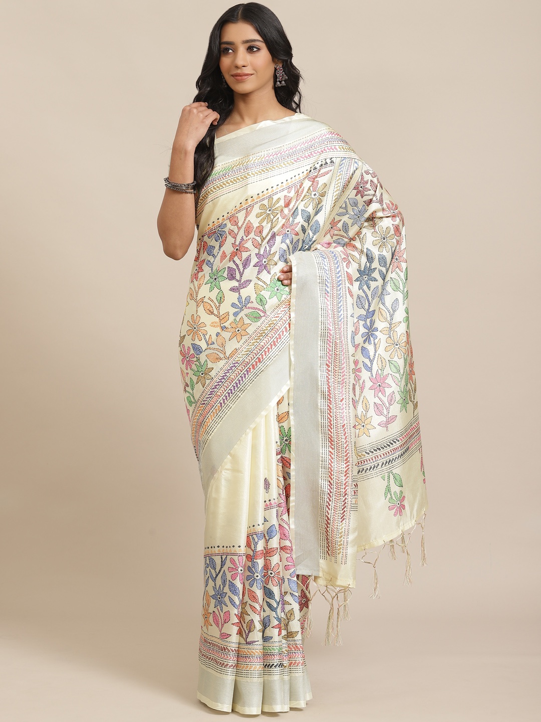 

Saree mall Off-White & Red Floral Print Saree