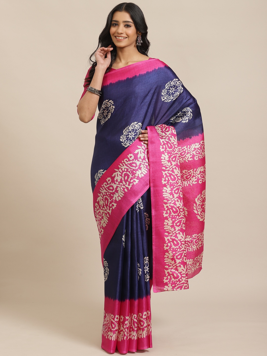 

Saree mall Navy Blue & Off-White Printed Saree