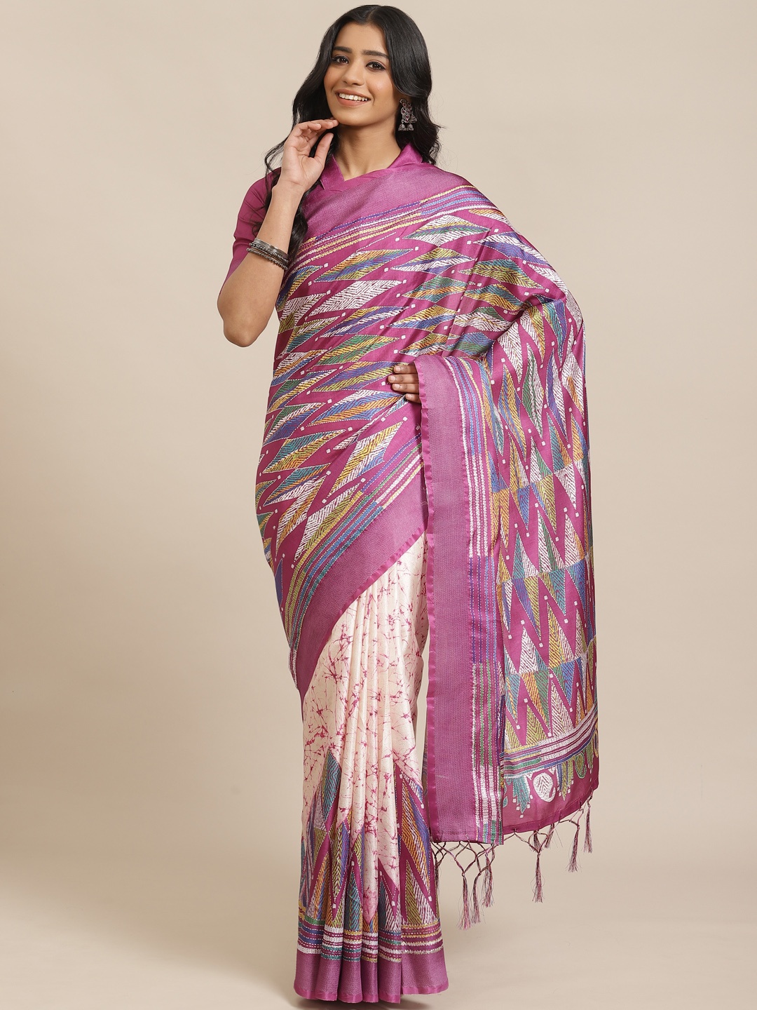 

Saree mall Purple & Off-White Printed Half & Half Saree