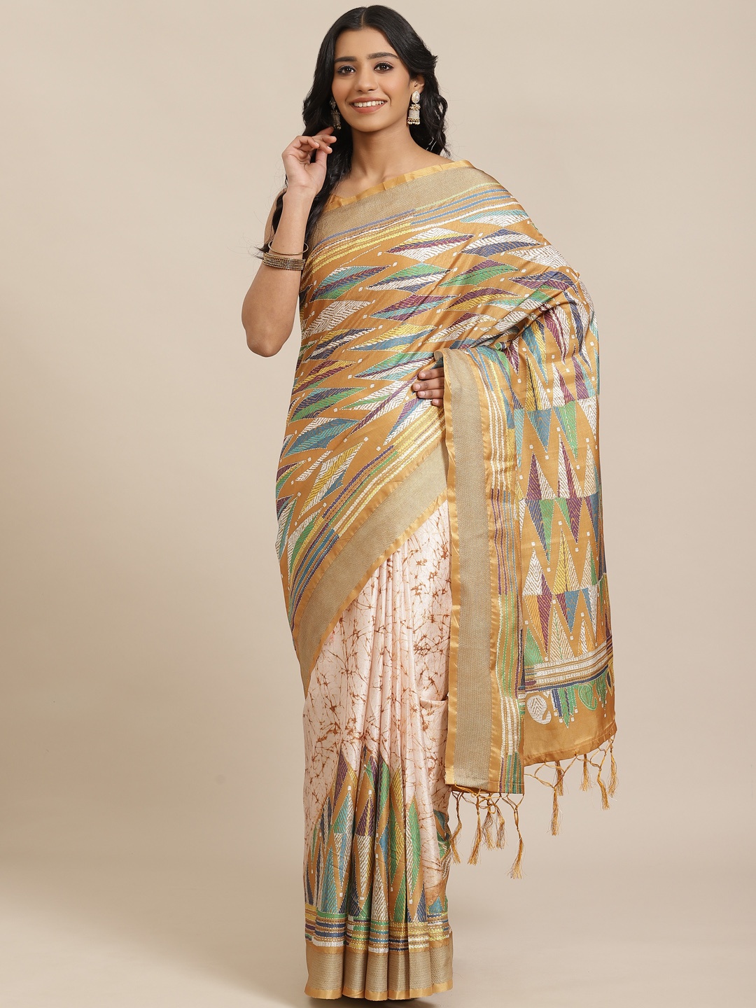 

Saree mall Mustard Yellow & Peach-Coloured Printed Saree