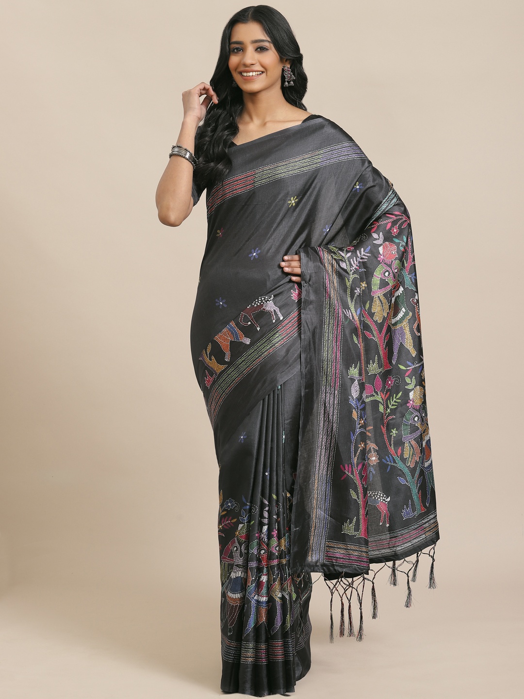 

Saree mall Charcoal Grey & Blue Printed Saree