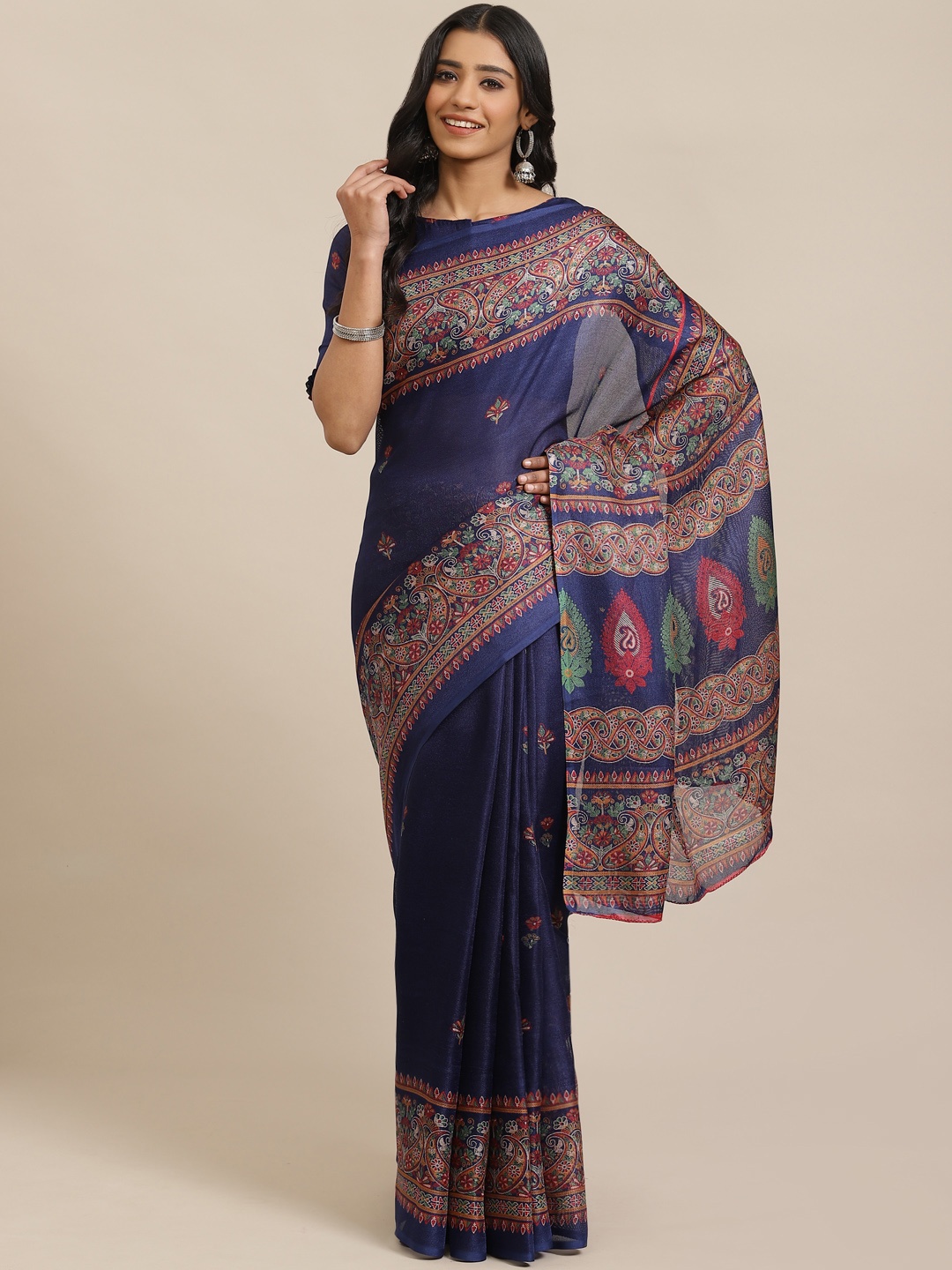 

Saree mall Navy Blue & Beige Printed Saree