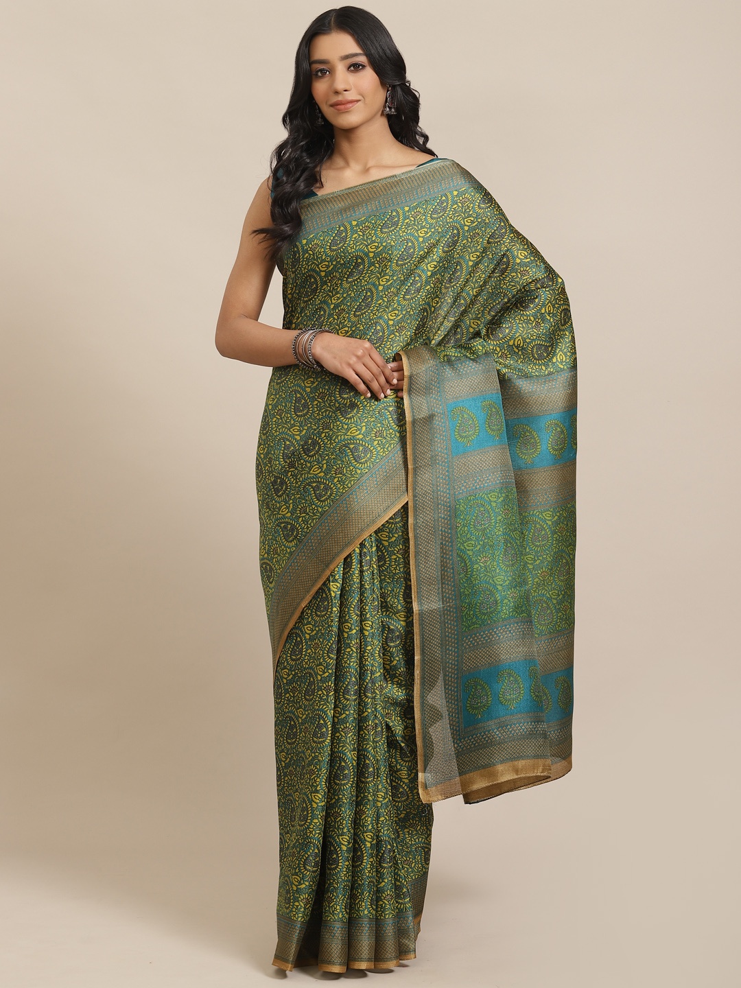 

Saree mall Lime Green & Blue Paisley Print Saree