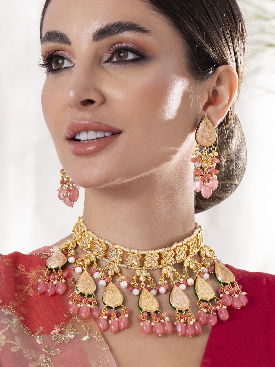 

Rubans 24K Gold-Plated Pink & White Kundan Studded Enamelled Jewellery Set