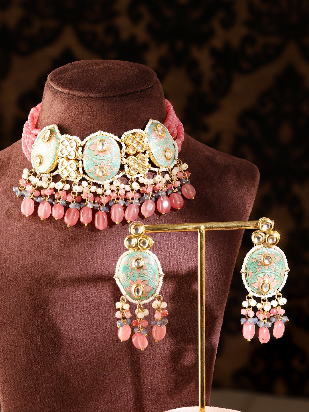 

Rubans 24K Gold-Plated Pink & Green Enamel & Kundan Stone Beaded Handcrafted Jewellery Set