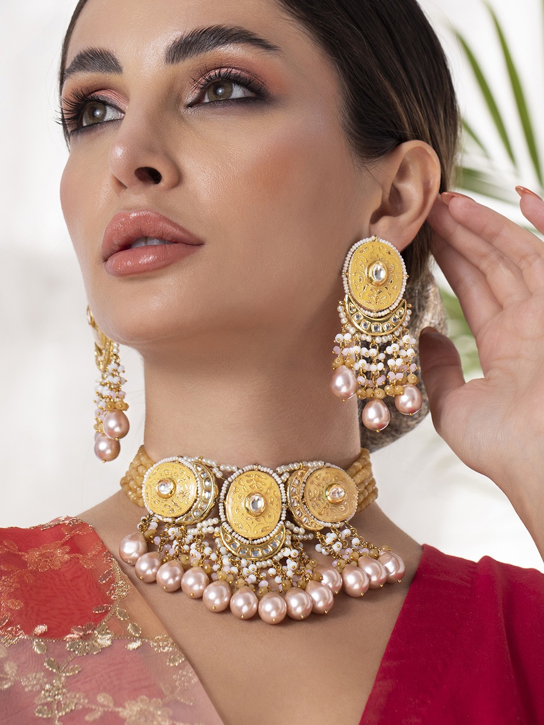 

Rubans 24K Gold-Plated Yellow & White Kundan Studded Enamelled Pearl Beaded Jewellery Set