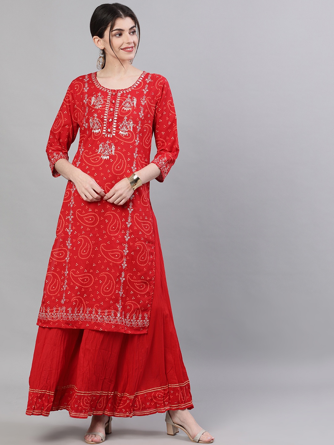 

Ishin Women Red Embroidered Kurta with Sharara