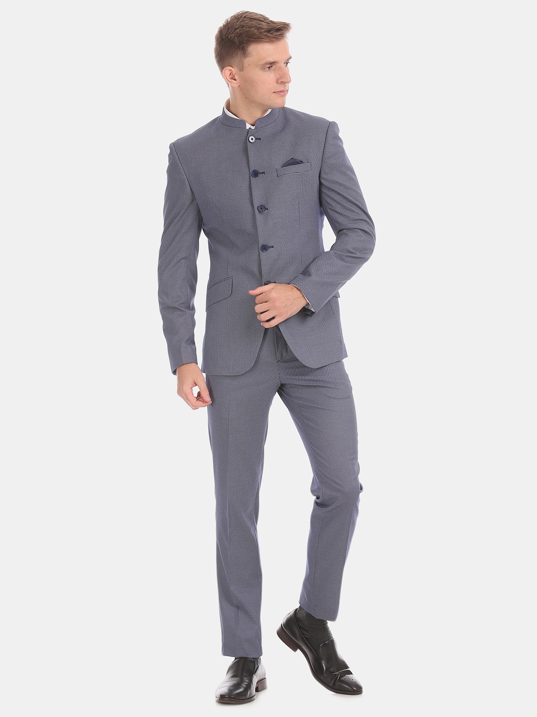 

True Blue Men Navy Blue Self Design Two-Piece Suit