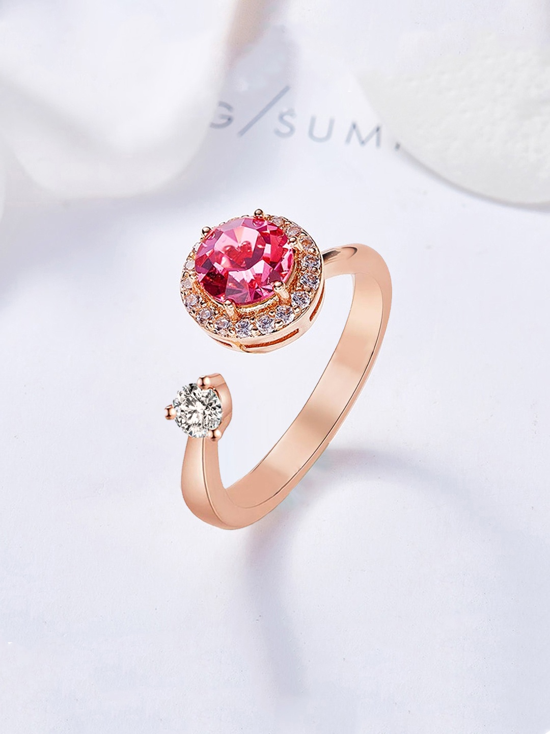 

Yellow Chimes Rose Gold-Plated & Pink Swarovski Crystal Rotating Finger Ring