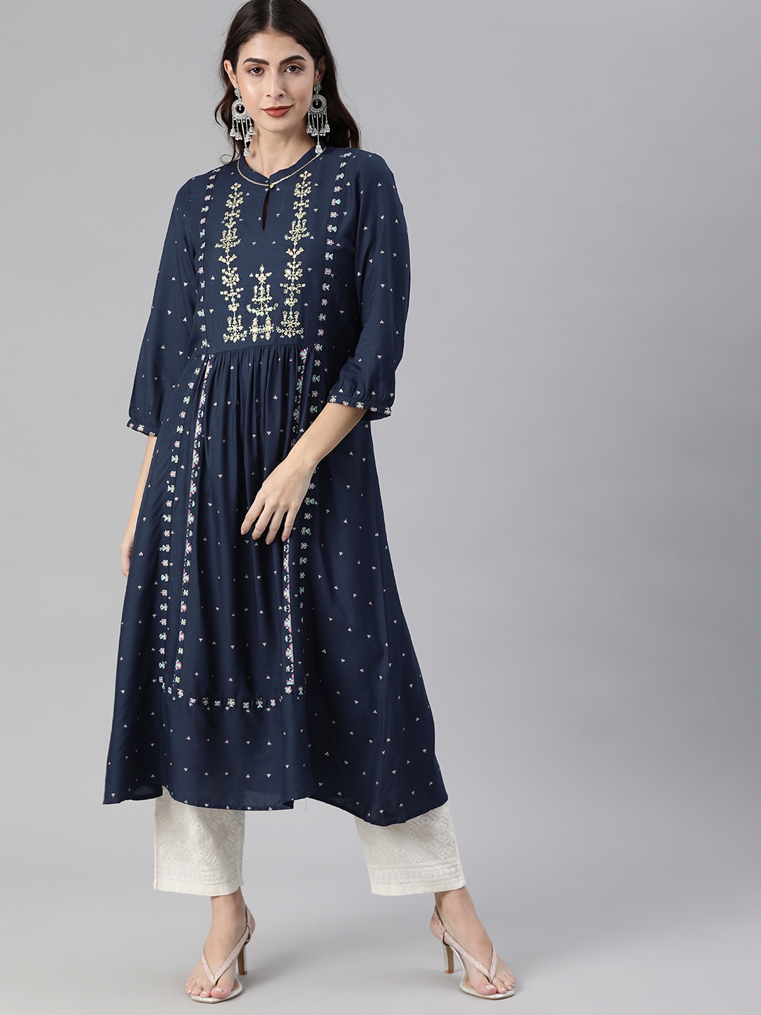 

W Women Blue Printed Keyhole Neck Kurta