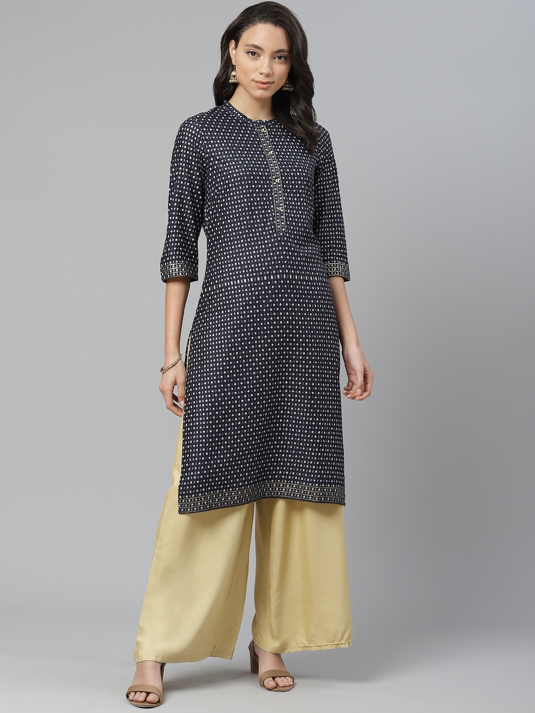 

W Women Navy Blue & White Printed Straight Kurta