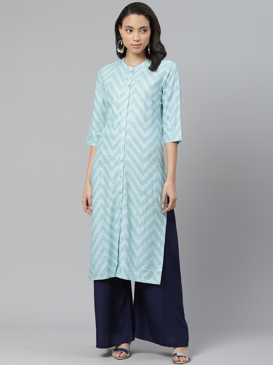 

W Women Blue & Silver Printed Straight Kurta