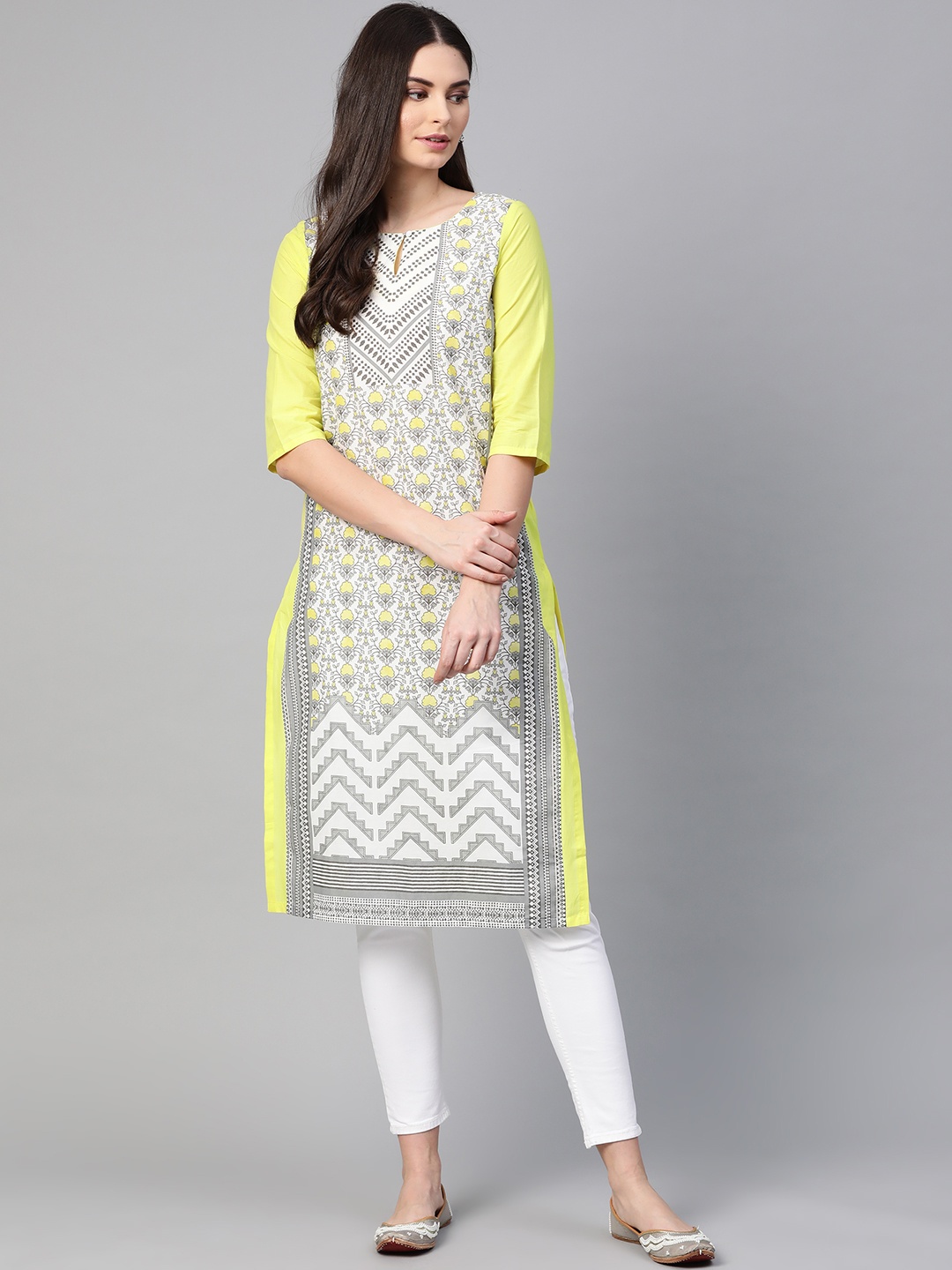 

W Women Yellow & White Ethnic Motifs Printed Pure Cotton Keyhole Neck Kurta