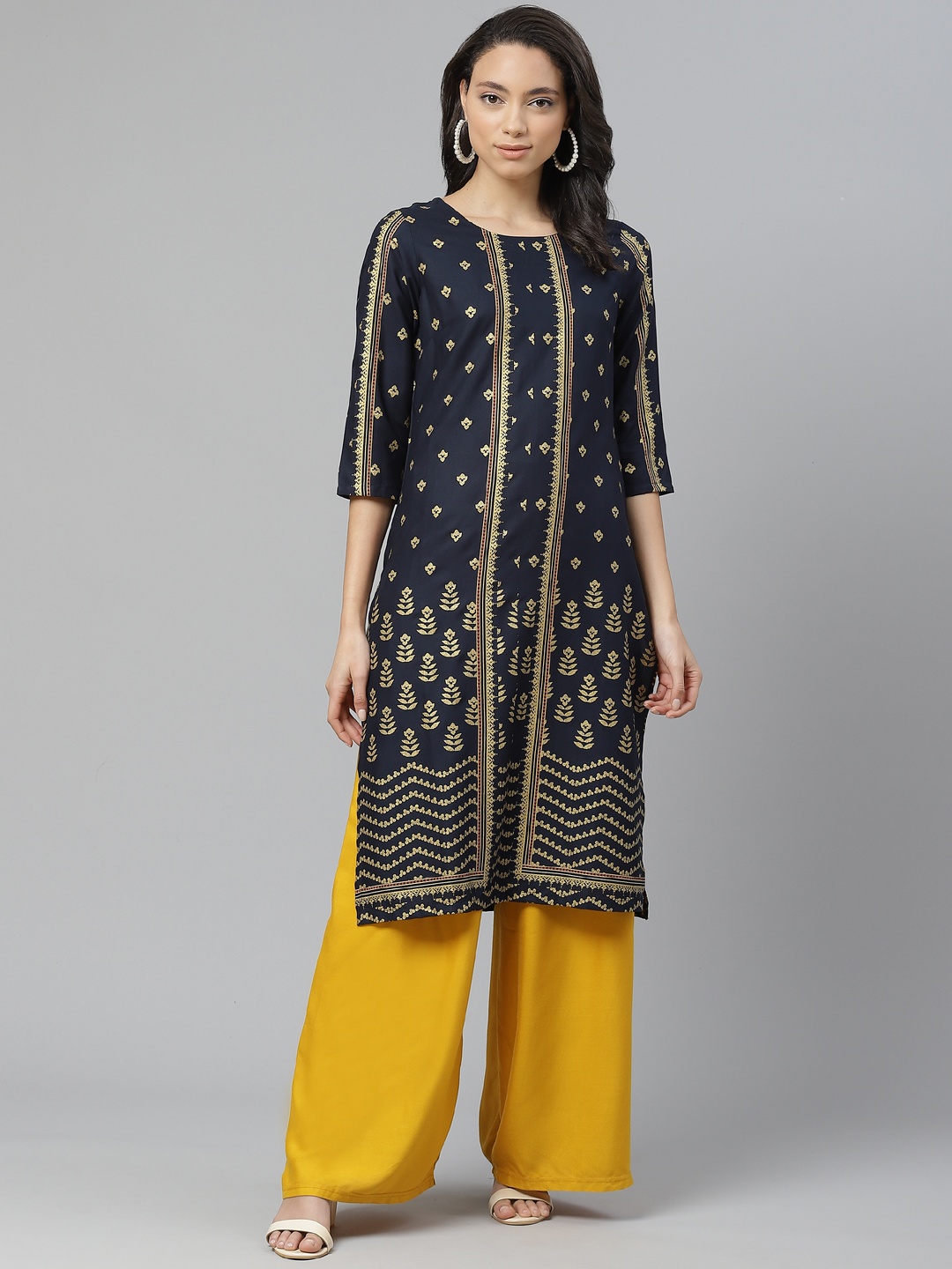 

W Women Navy Blue & GoldEN Printed Straight Kurta