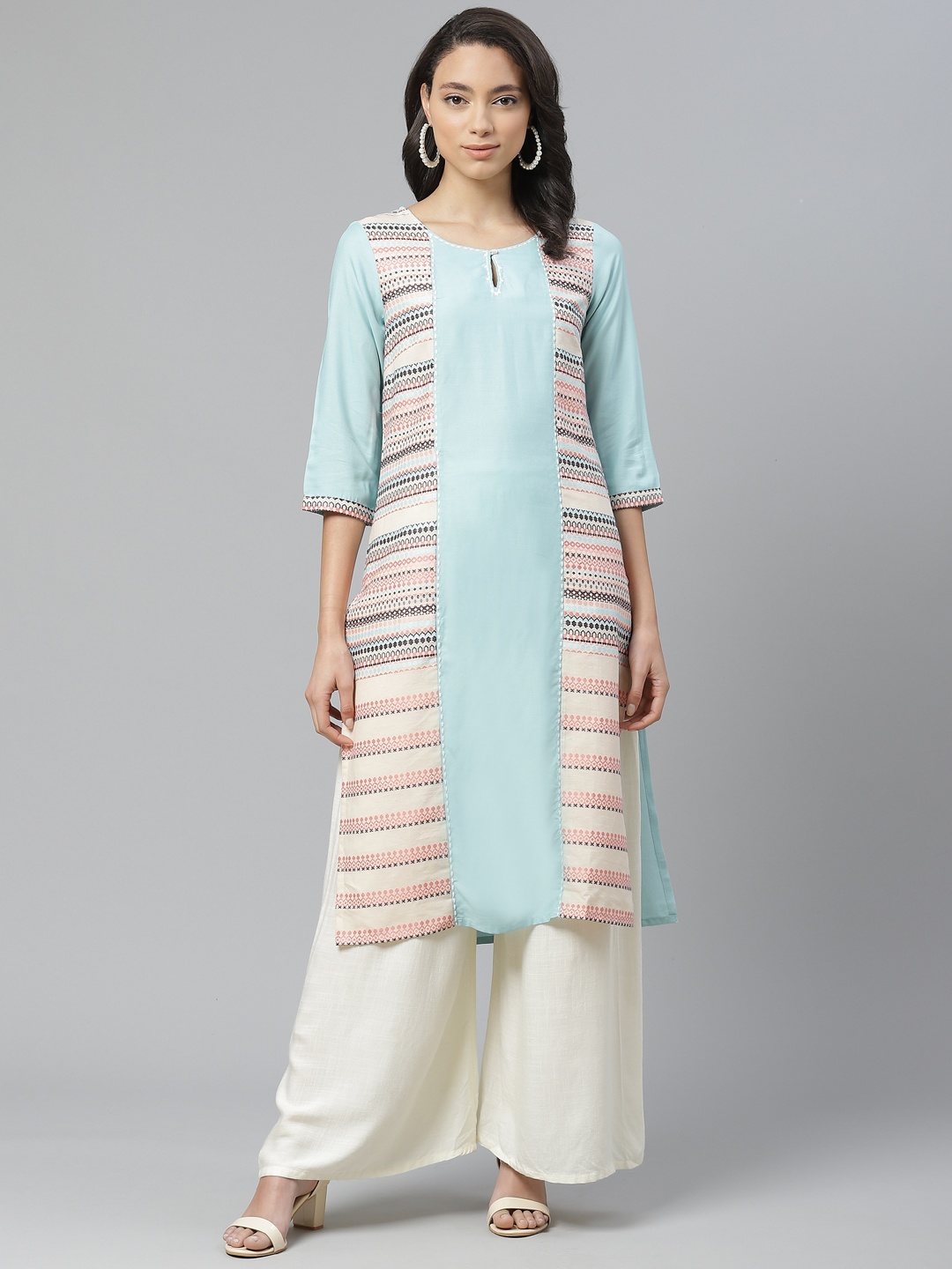 

W Women Blue & Off-White Woven Design Straight Kurta