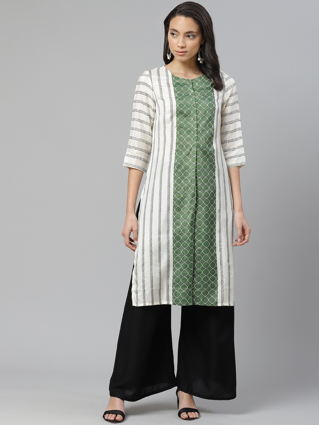 

W Women Off-White & Black Striped Straight Kurta