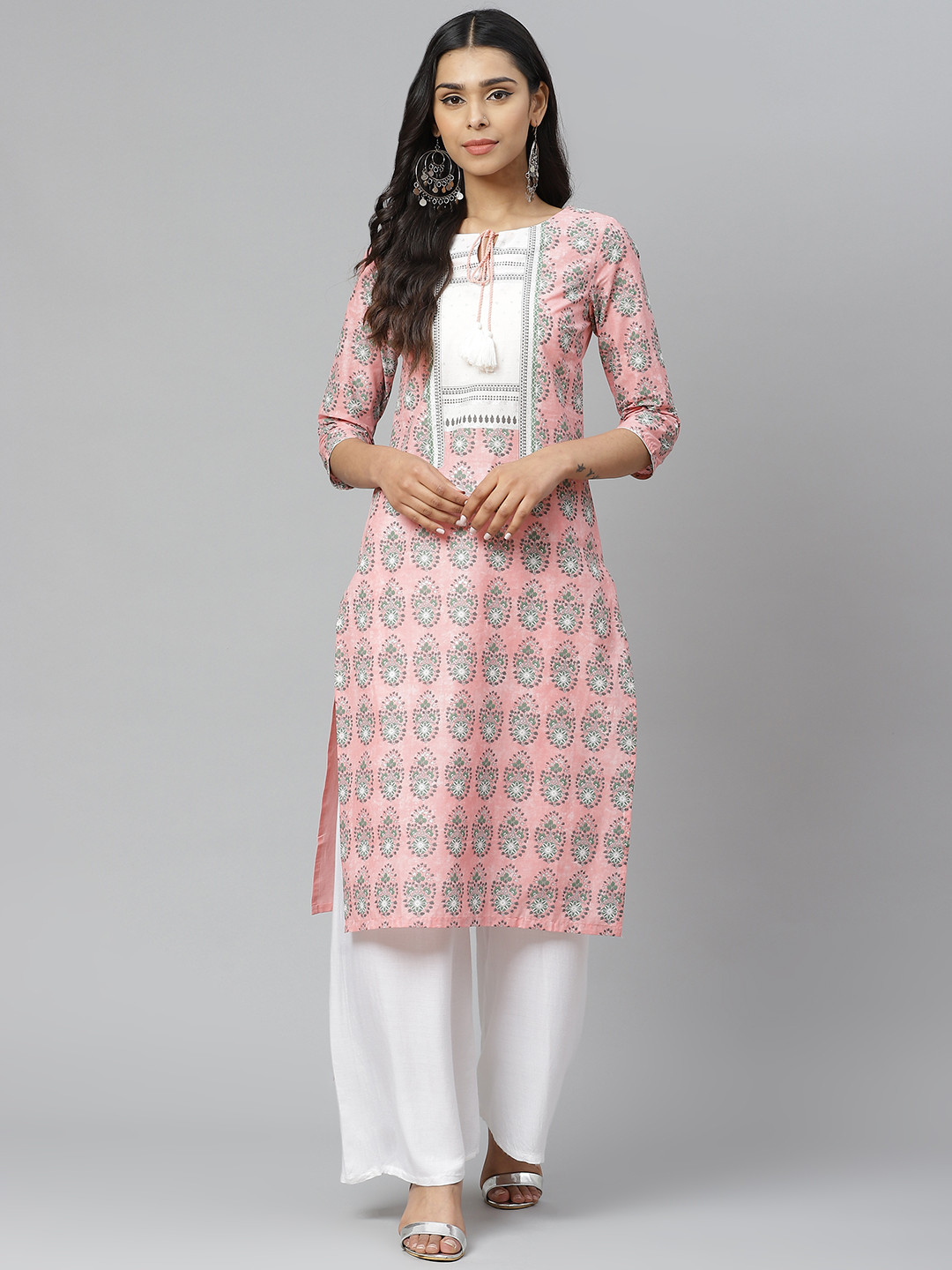 

W Women Pink & Green Ethnic Motifs Printed Tie-up Neck Kurta