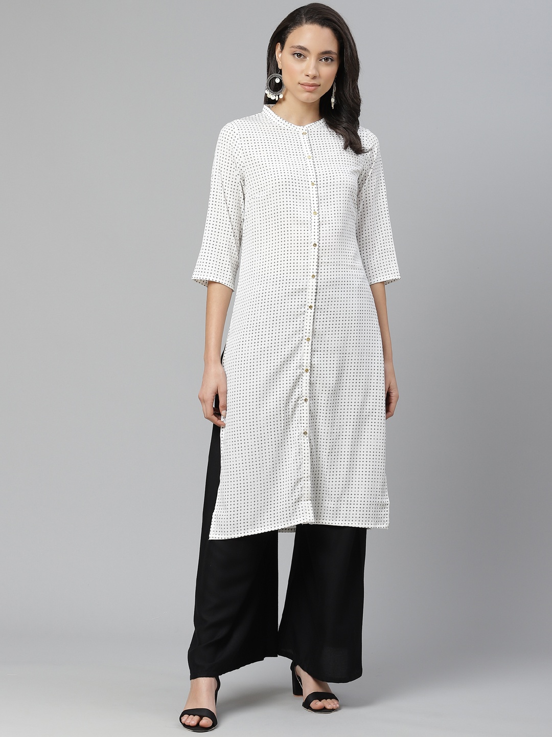 

W Women White & Black Printed Straight Kurta