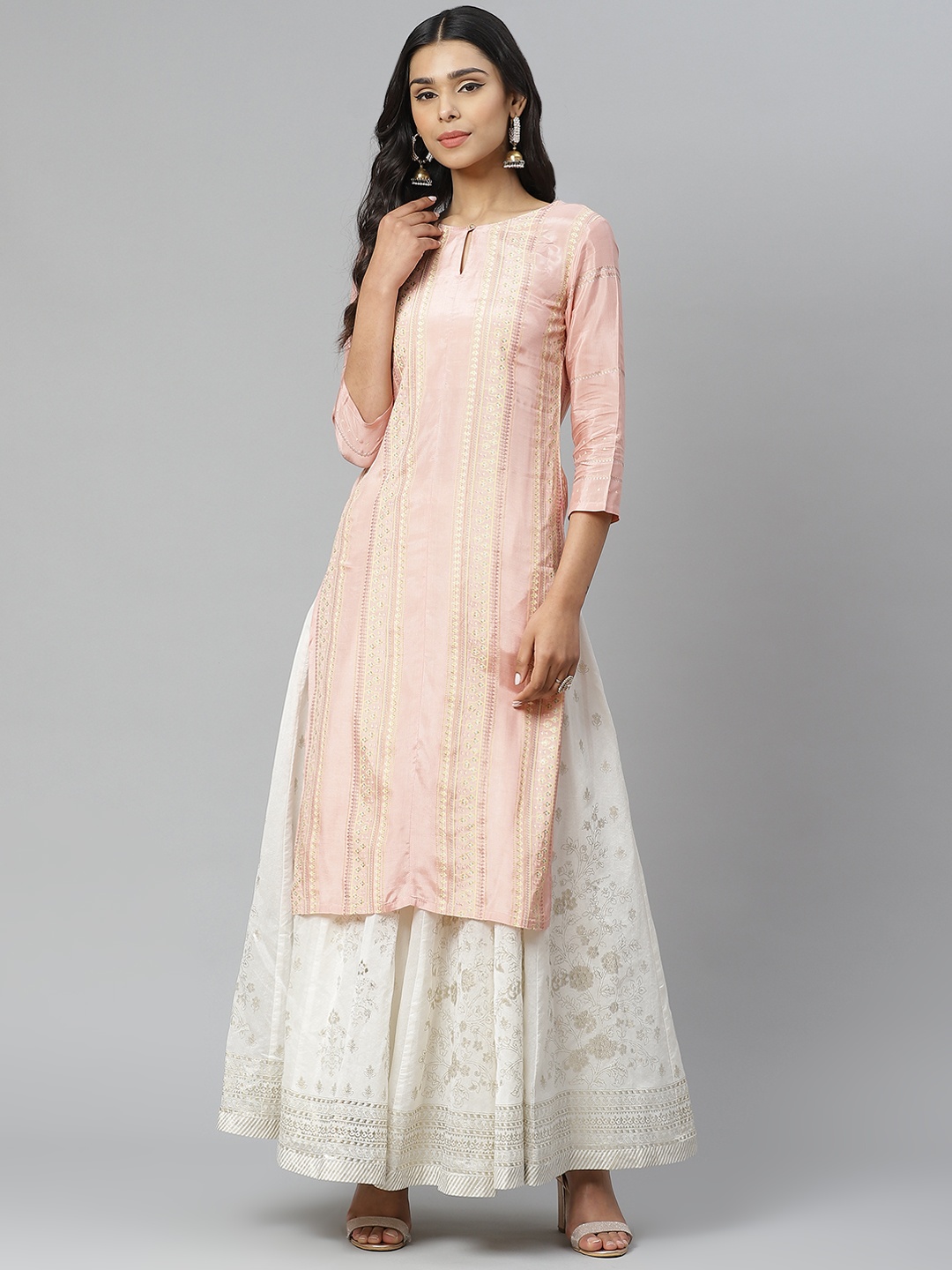 

W Women Pink & Cream-Coloured Ethnic Motifs Foil Printed Keyhole Neck Kurta