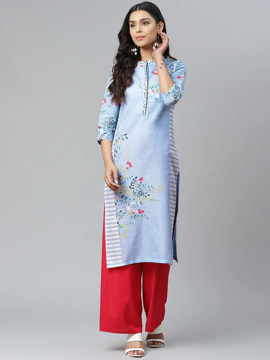 

W Women Blue Floral Printed Kurta