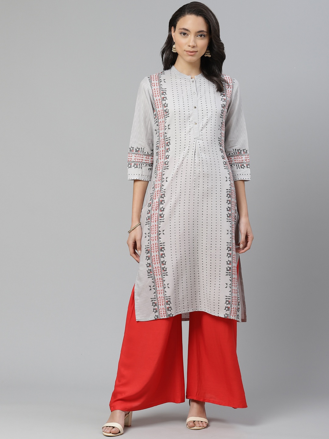 

W Women Grey & Black Pure Cotton Printed Straight Kurta