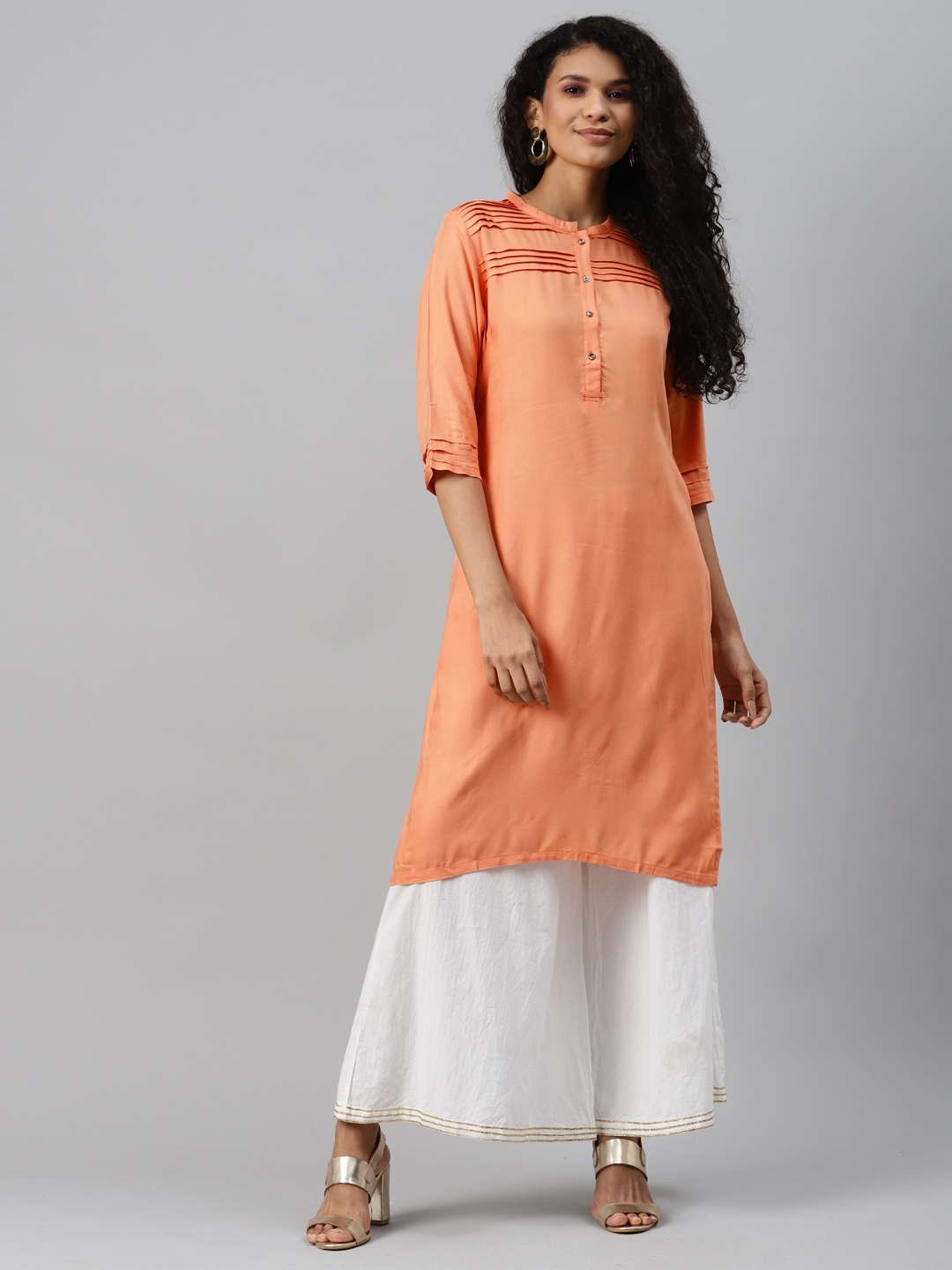 W Women Peach Colored Solid Pink Tuck Pleats Straight Kurta