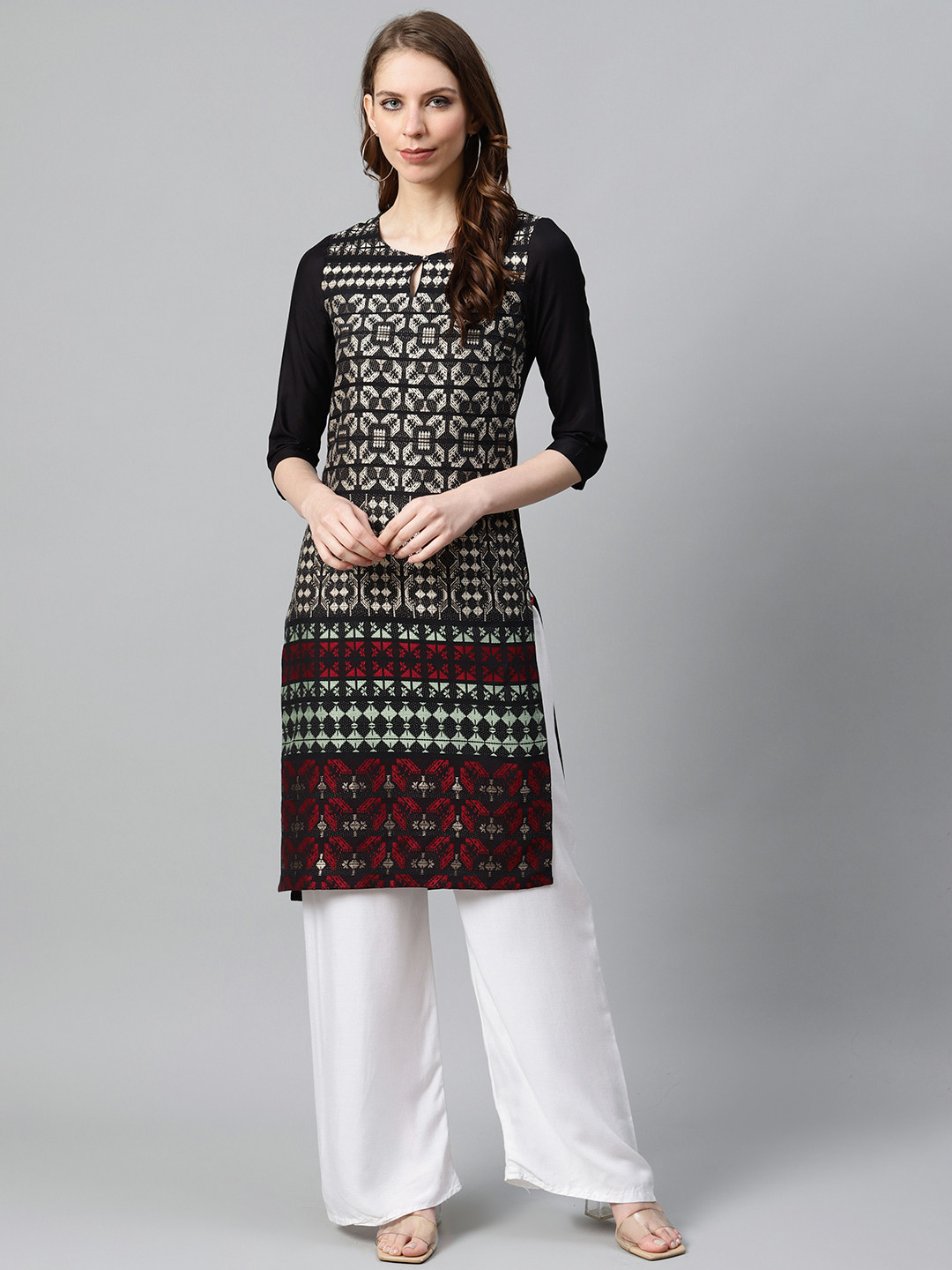 

W Women Black & Off-White Geometric Keyhole Neck Straight Kurta