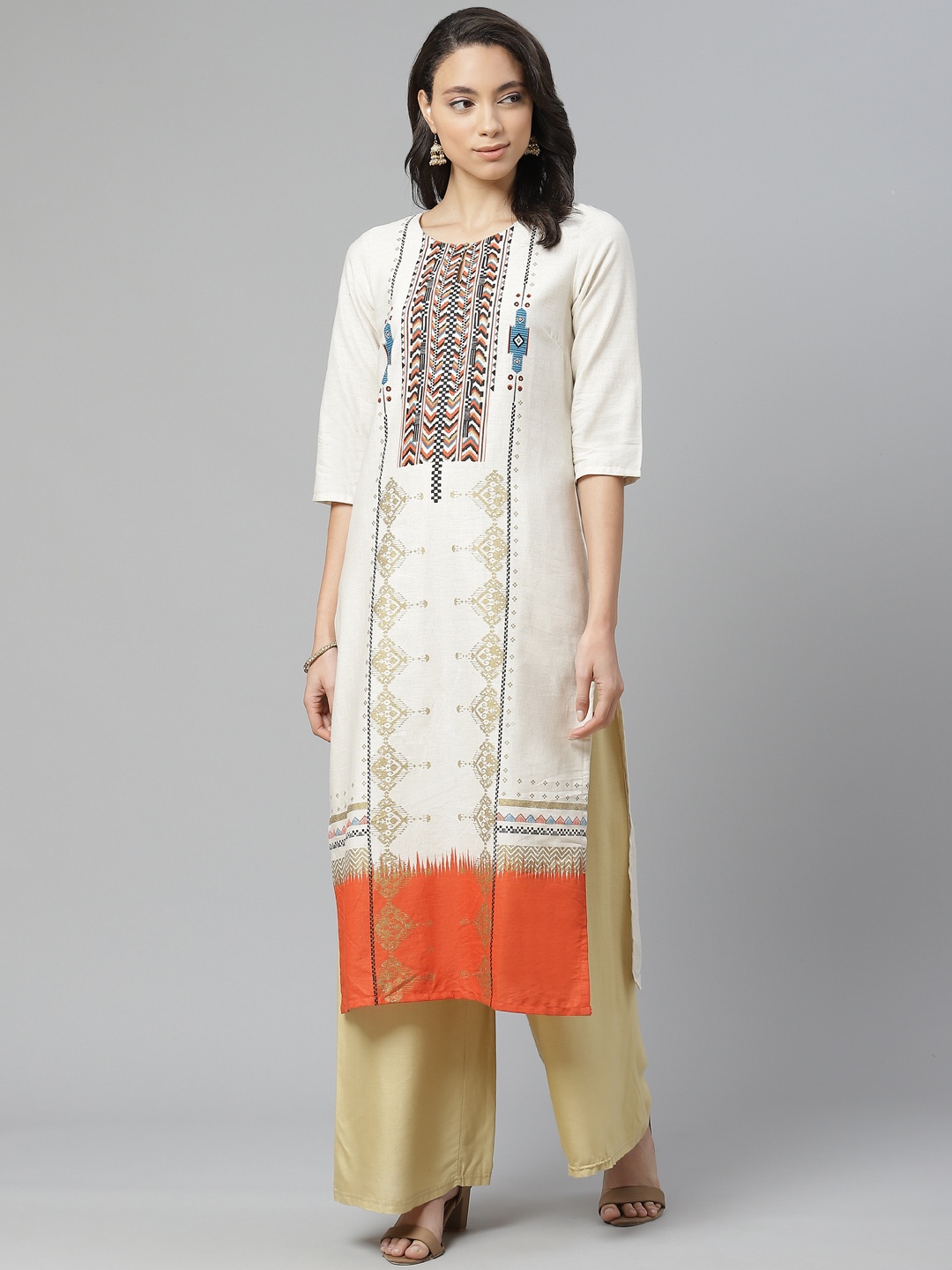

W Women Off-White & Orange Printed Straight Kurta