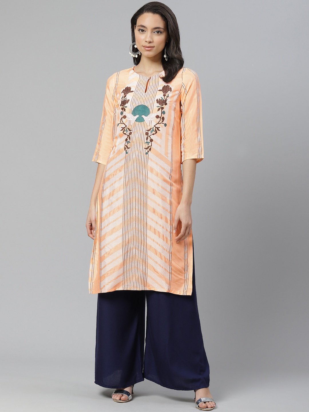 

W Women Peach-Coloured & Black Printed Straight Kurta