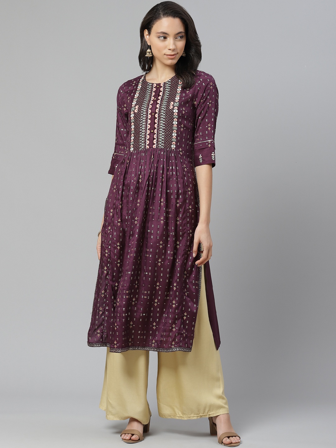 

W Women Aubergine & Golden Printed A-Line Kurta, Purple