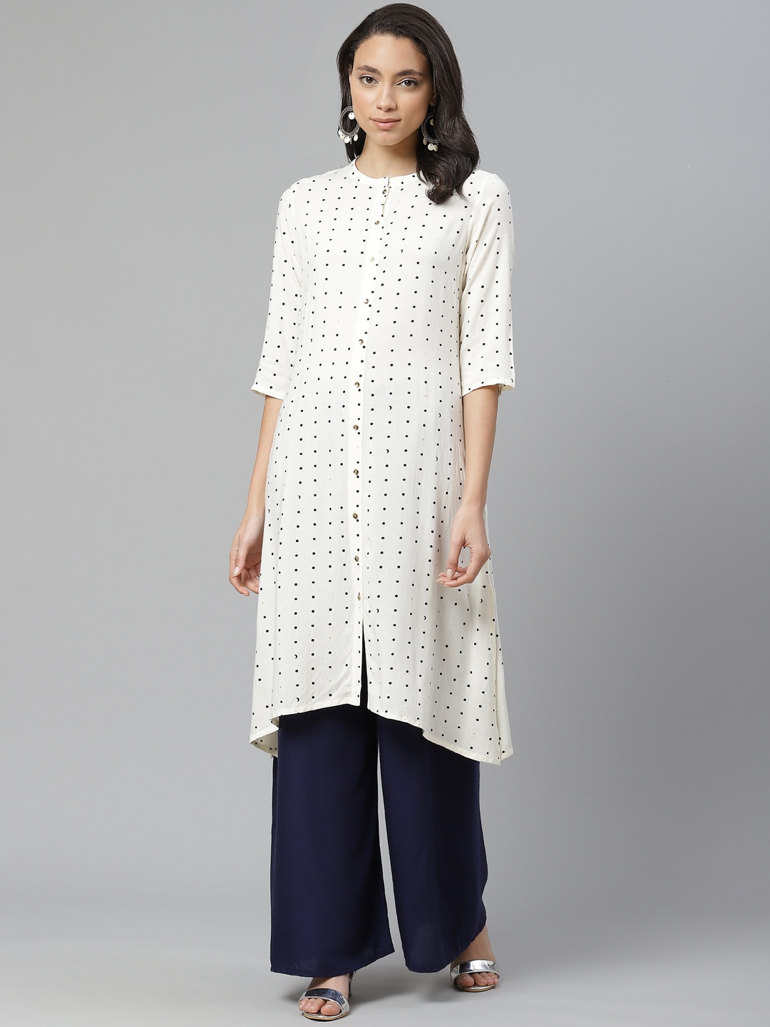 

W Women White & Black Polka Dots Printed Asymmetric A-Line Kurta