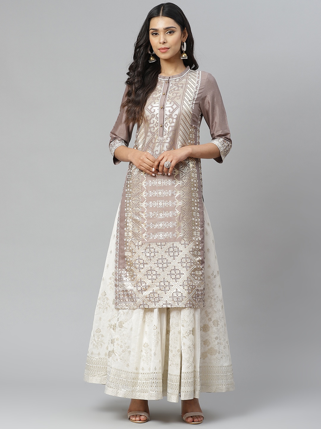 

W Women Taupe & Golden Geometric Printed Straight Kurta