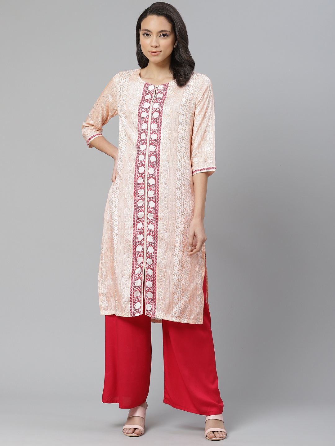 

W Women Peach-Coloured & White Printed Straight Kurta