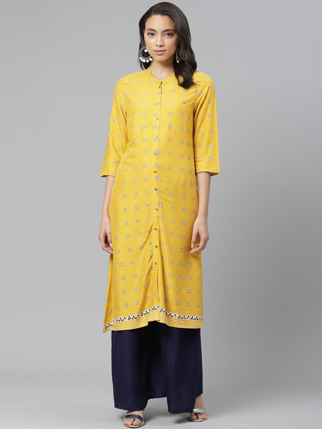 

W Women Yellow & Off-White Printed Straight Kurta