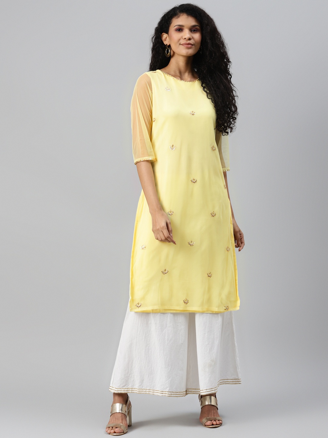 

W Women Yellow Floral Embellished Sequinned Straight Kurta