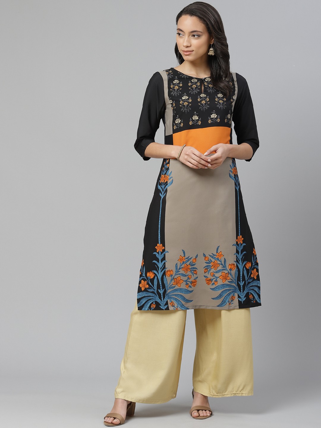

W Women Black & Taupe Printed Straight Kurta