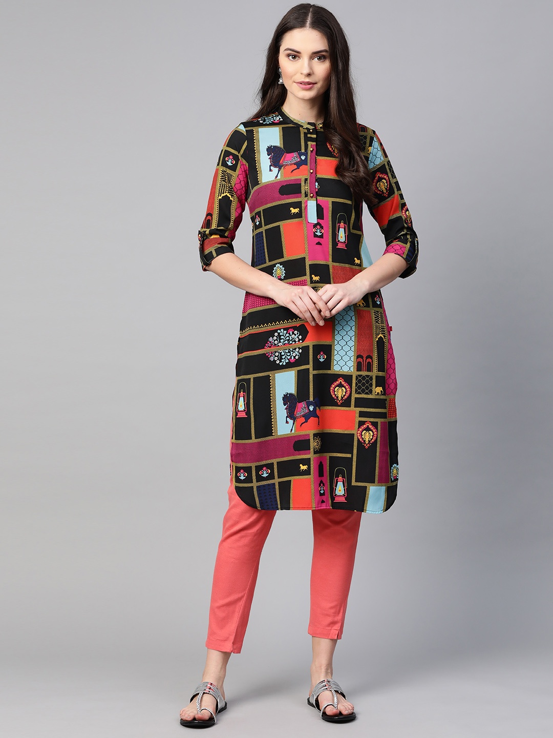 

W Women Black & Orange Quirky Print Roll-Up Sleeves Kurta