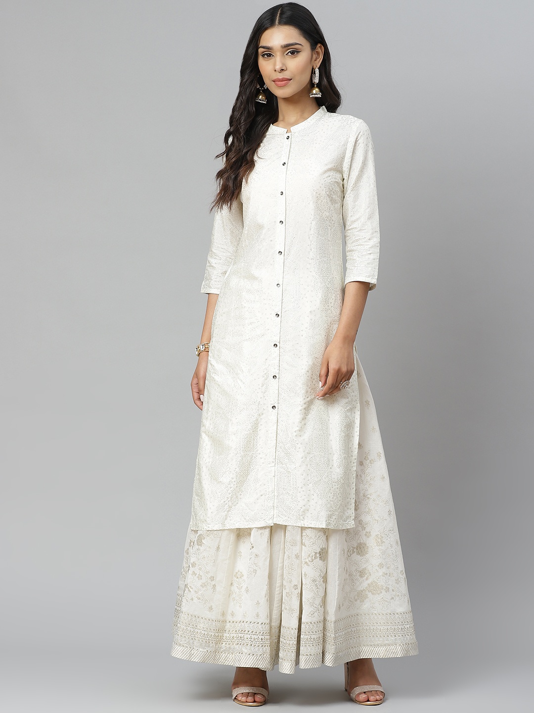 

W Women Cream-Coloured & Silver Printed Straight Kurta