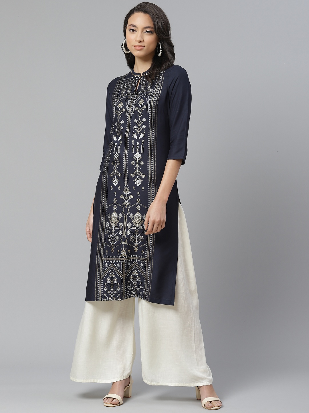 

W Women Navy Blue & Golden Foil Printed Straight Kurta