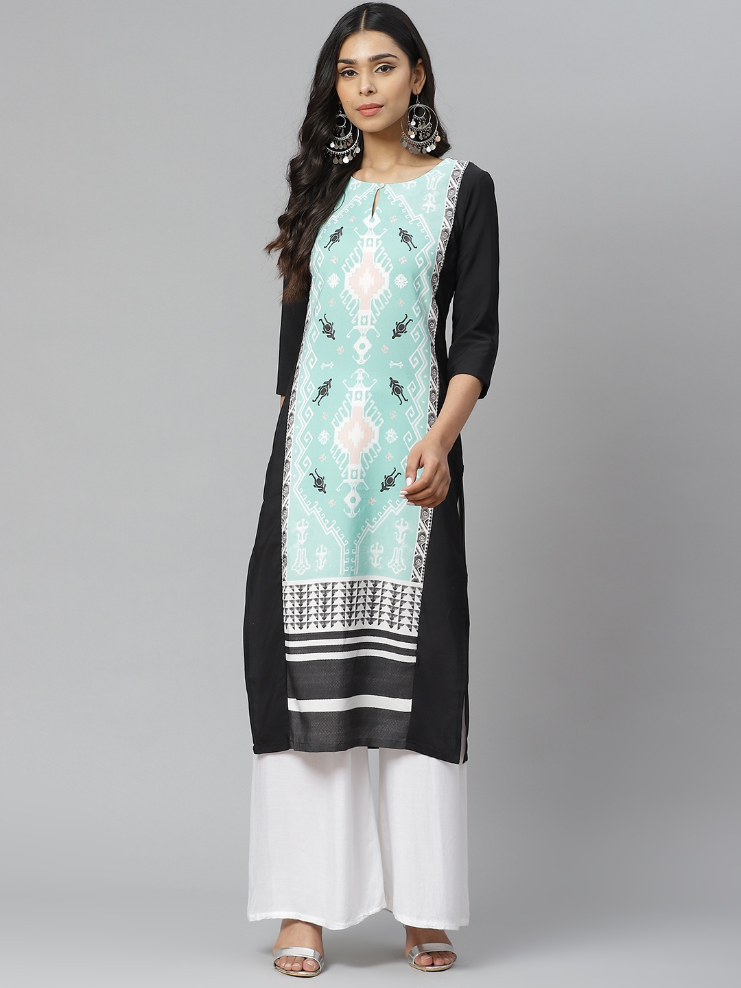 

W Women Black & Sea Green Tribal Printed Keyhole Neck Straight Kurta