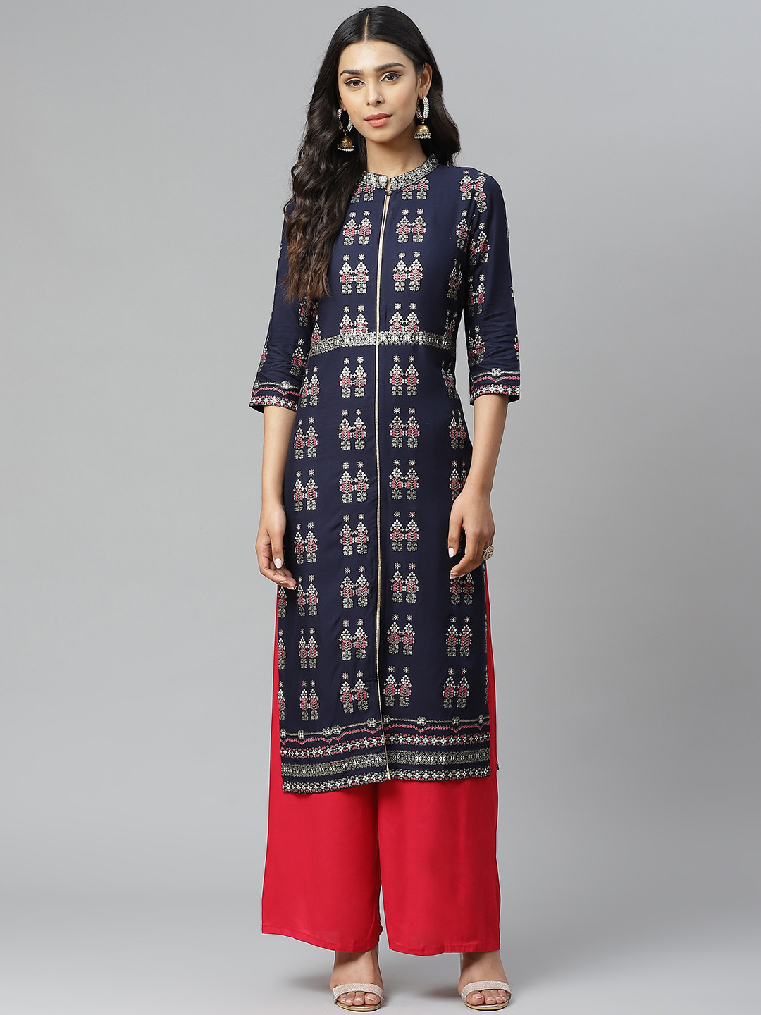 

W Women Navy Blue & Pink Ethnic Motifs Printed Keyhole Neck Straight Kurta