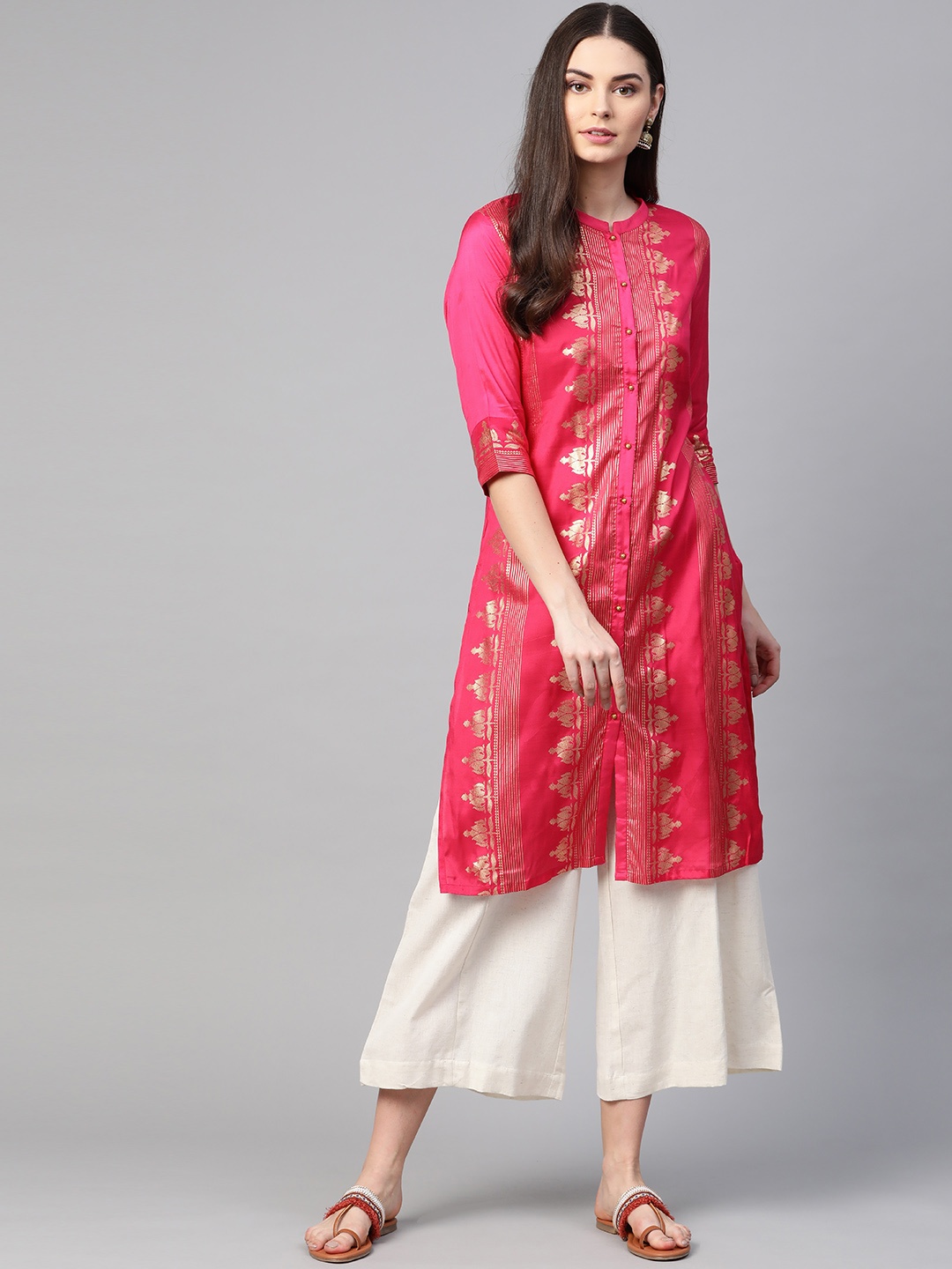 

W Women Pink & Golden Woven Design Kurta