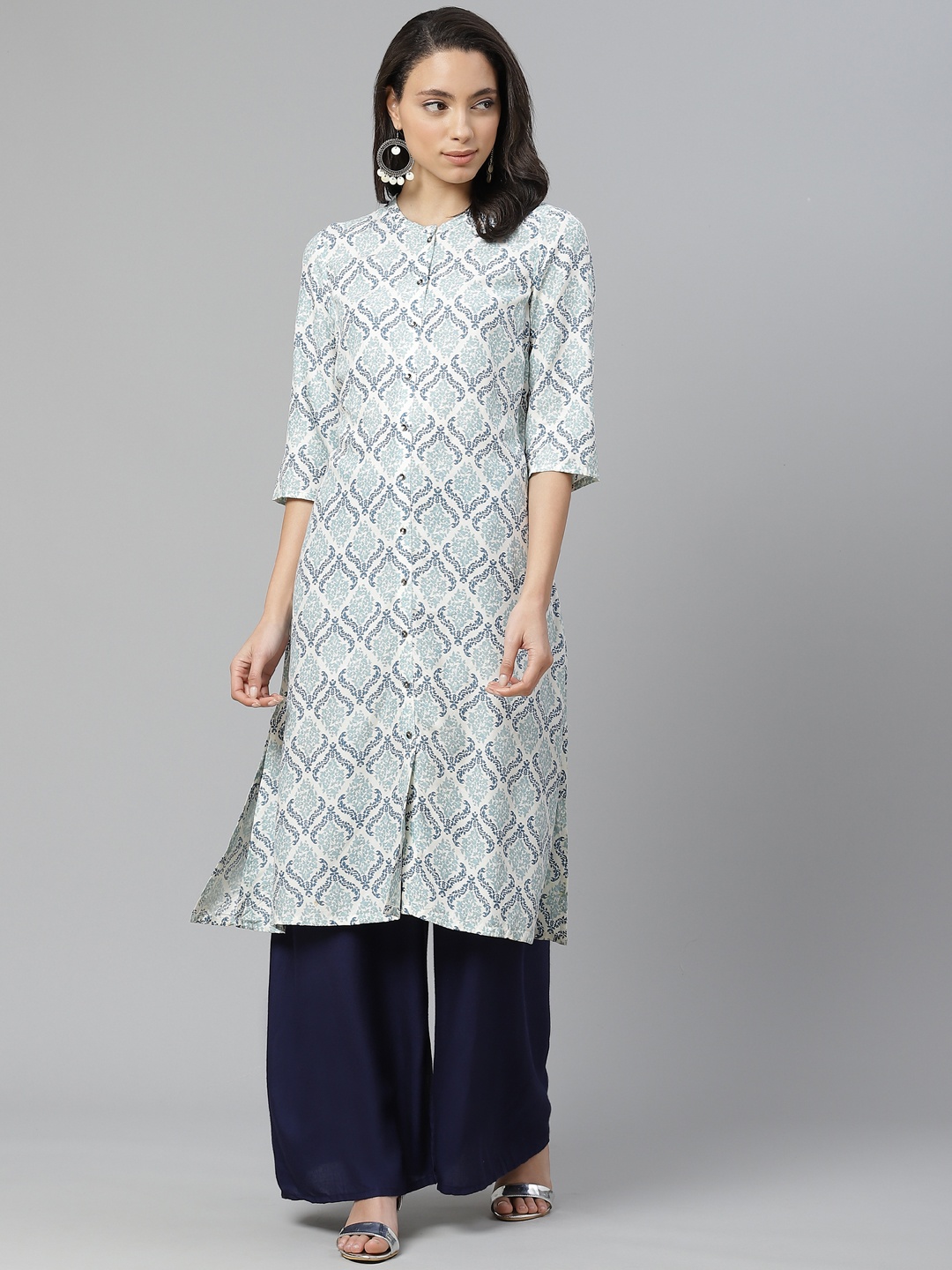 

W Women White & Blue Printed Straight Kurta