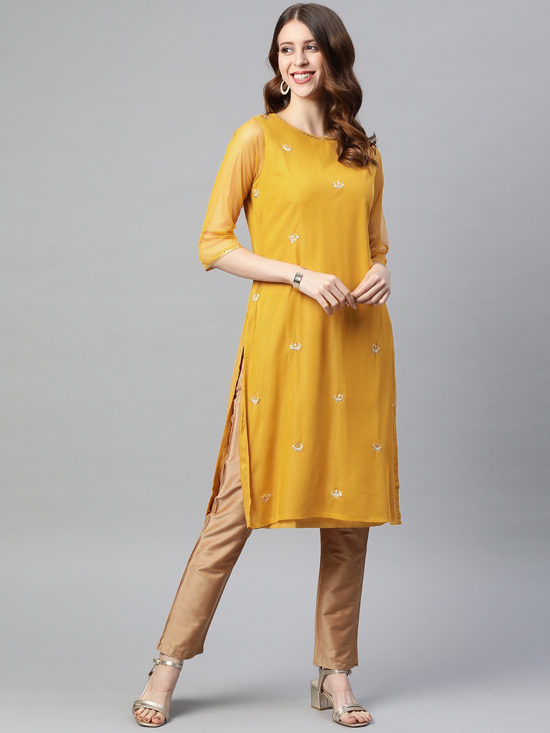 

W Women Mustard Yellow Sequins Embellished Kurta