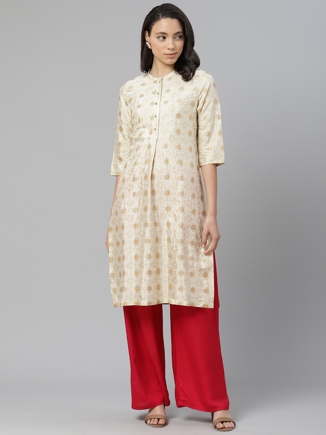 

W Women Beige & Golden Printed Straight Kurta