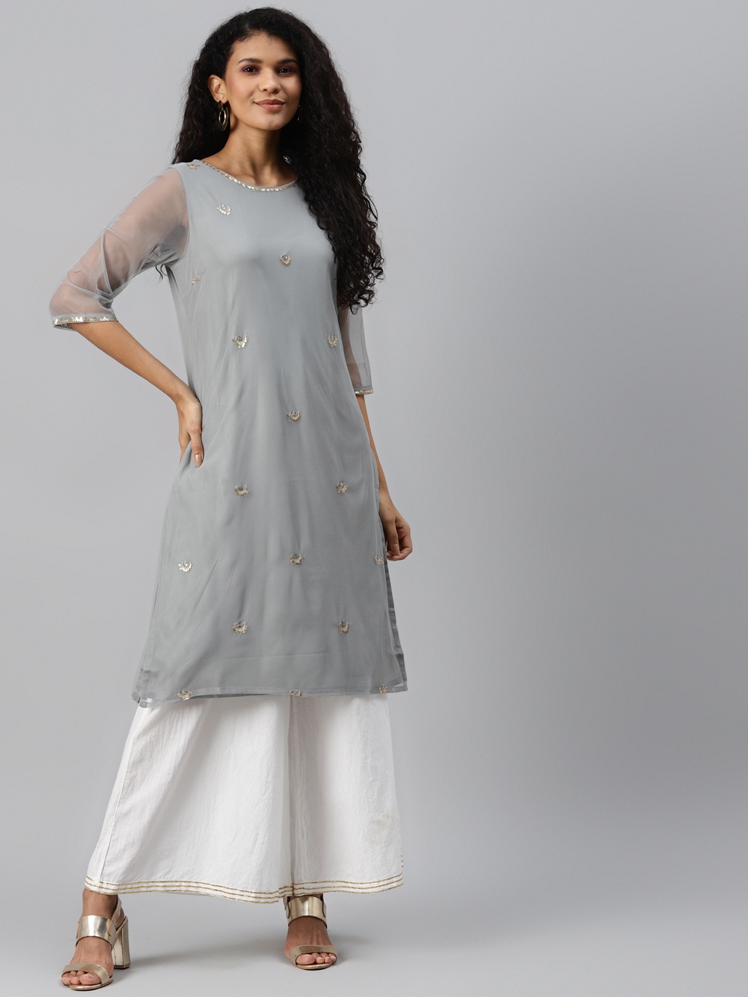 

W Women Grey Floral Sequinned Kurta