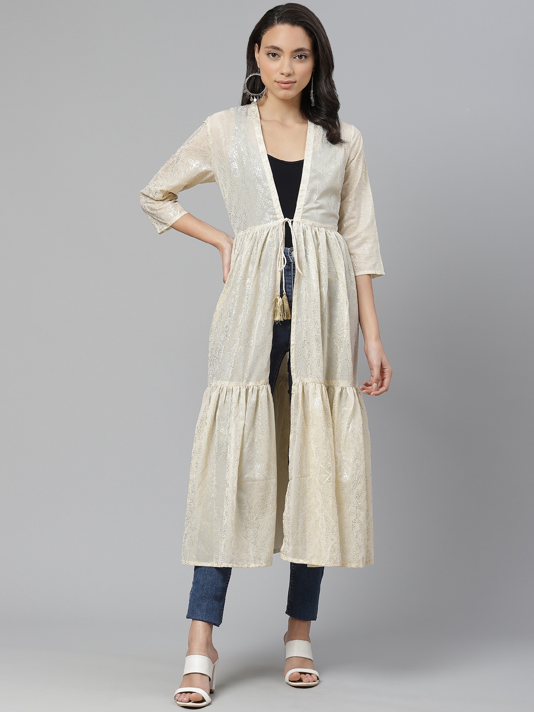 

W Women Cream-Coloured & Golden Printed Tie-Up Longline Shrug