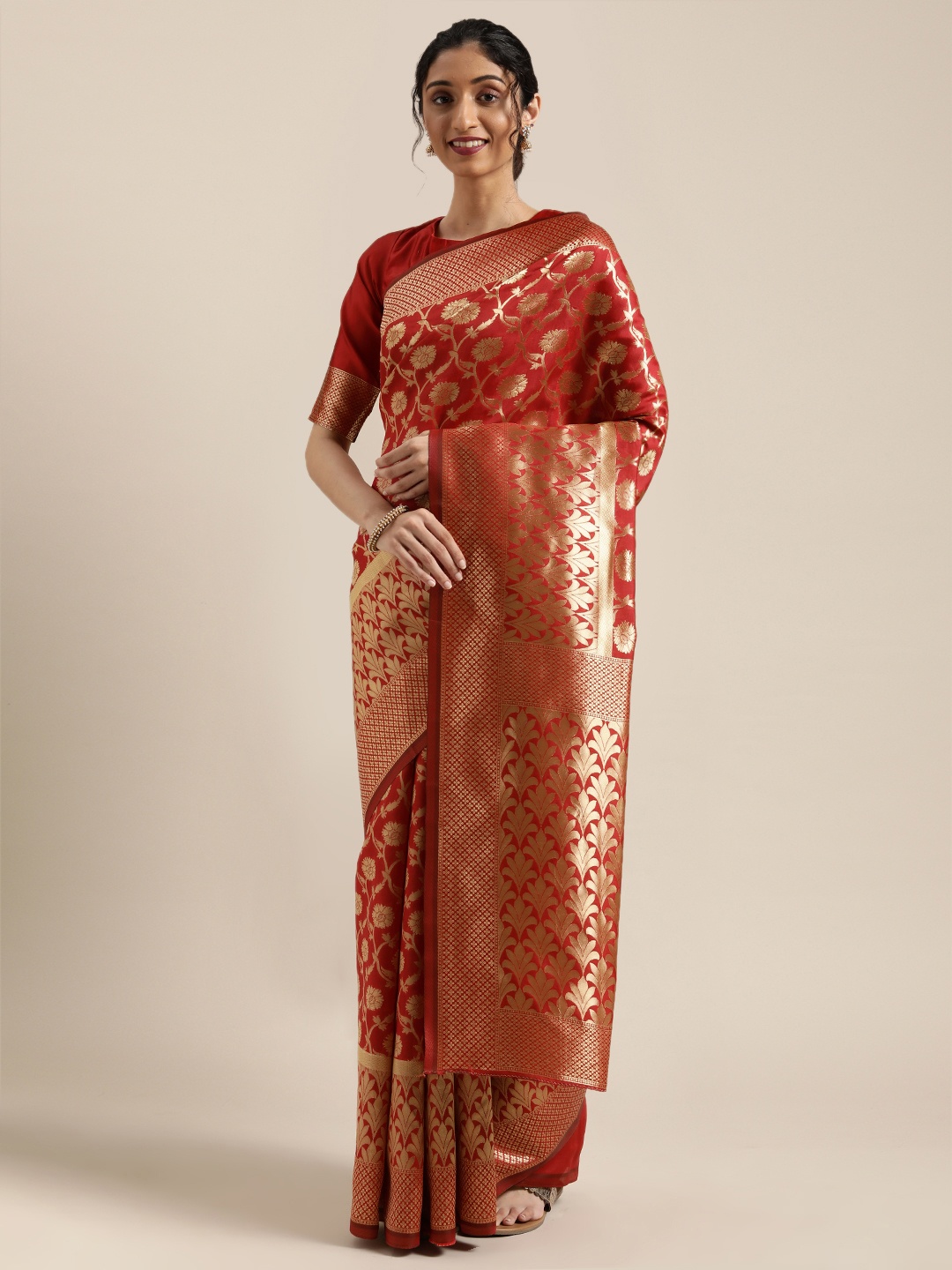 

Mitera Maroon & Gold-Toned Woven Design Kanjeevaram Saree