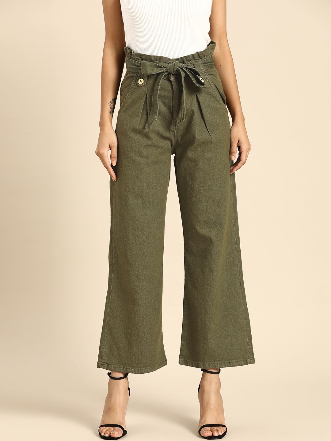 

all about you Women Olive Green Flared High-Rise Pleated Parallel Trousers