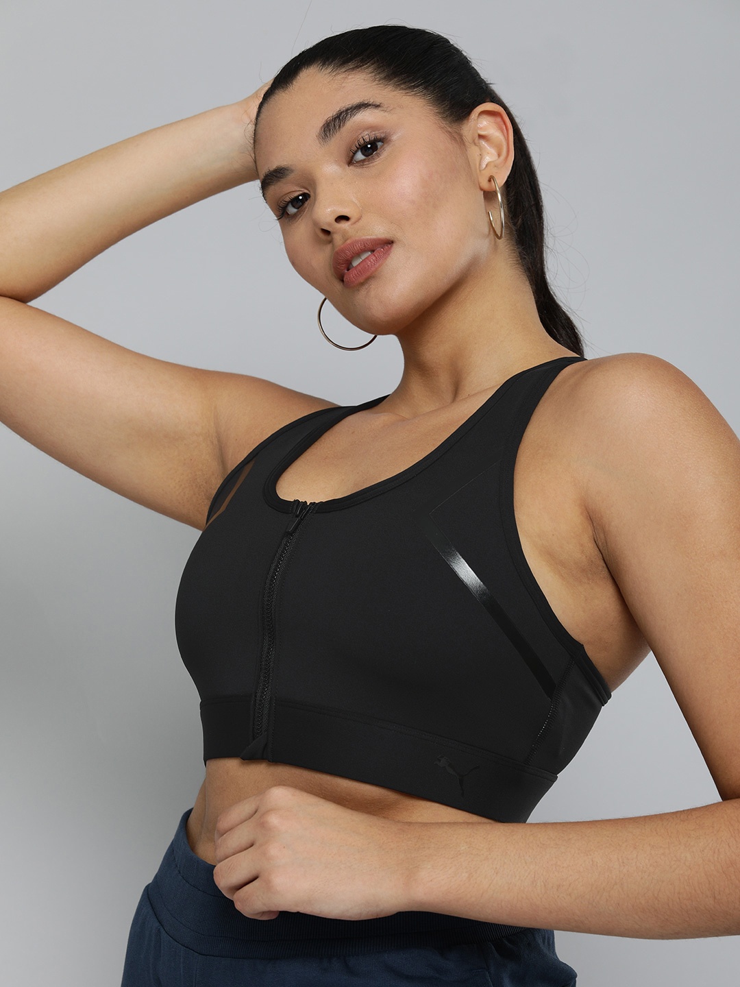 

Puma Black Solid Lightly Padded High Impact Front Zip PD Bra